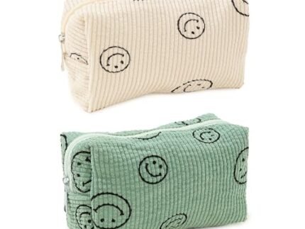 Street27® 2pcs Corduroy Cosmetic Bag Cute Travel Makeup Bag Smile Face Makeup Zipper Pouch Travel Toiletry Bag for Women Aesthetic Makeup Brushes Storage Bag Organizer - 25x18cm (A)