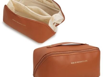 Travel Cosmetic Makeup Pouch Bag Travel Organizer Bag Portable Pouches for Women Open Flat Toiletry Bag Make Up Organizer with Divider and Handle (Brown)