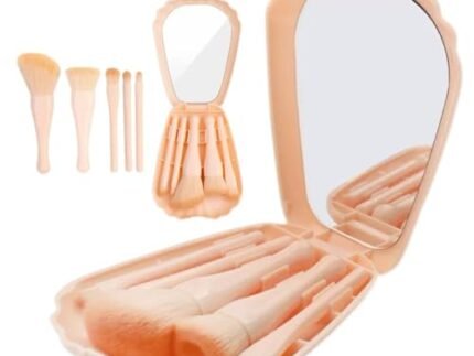 Tusmad Mini Makeup Brush Set with Mirror – Portable Travel Cosmetic Brush Kit with 5 Essential Sizes for Face, Eyes & Lips – Compact, Complete Function Makeup Brushes for Women (White) (Pink)
