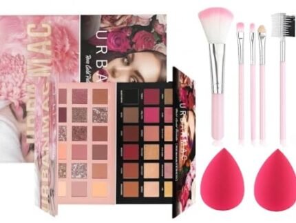 URBANMAC Nude and Rose Gold Eyeshadow Palette, 5 Pcs Pink Makeup Brushes with 2 Pcs Blender Blending Sponges