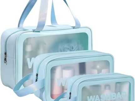 Wazdorf Cosmetic Pouch Bag – Large Waterproof Wash Bag with Handle, Translucent Cosmetic Organizer for Makeup, Brushes & Accessories – Unisex Storage Pouch for Travel & Bathroom Use (Blue-3 Pcs)