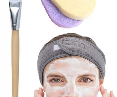 Women Face Pack Wooden Brush with Round Powder Puff with Facial Headband Cotton Soft Sponge Blusher Applicator Makeup Tools Makeup Brush for Face Body(3 Items)