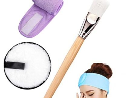 Wooden Face Pack Applicator and Makeup Cleaning Sponge Non-Slip Spa Headband Combo Facial Mask Brush Set for Men's and Women's - Multi (Brush, Belt and Sponge)
