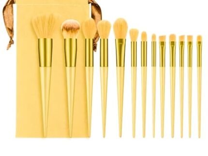 13-Piece Yellow Makeup Brush Set – Soft Synthetic Bristles for Blending & Highlighting – Durable, Cruelty-Free Brushes with Travel Pouch – Face & Eye Makeup Tools Kit (Yellow)