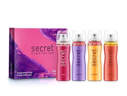 Secret Temptation Travel Pack with Pink, Romance, Mystery and Passion Mini Deodorant for Women,Pack of 4 (50ml each)
