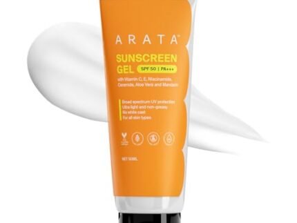 Arata Sunscreen Gel | SPF 50, PA+++ | Broad Spectrum UV Protection | Ultra-Light & Dewy Finish | No White Cast | Even & Glowing Skin | Niacinamide & Ceramide | Derma-Tested | For Men & Women | 50ML