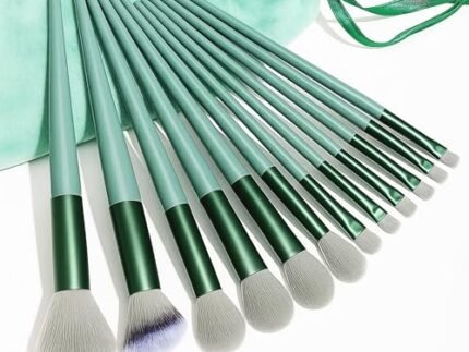 GLUN® Metallic Green Professional 13-Piece Makeup Brushes with Travel Bag, Face, Eye & Highlight Brushes