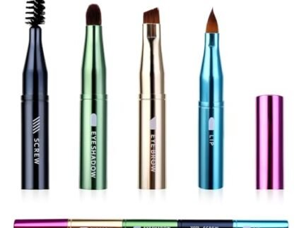 4in1 Portable Makeup Brushes, Eyebrow, Lip, Eyelash, Eyeshadow Brush Metal Portable Brush Makeup Tool, Detachable and Freely Combinable (Multicolor)