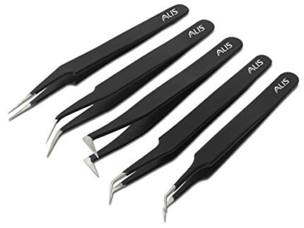 Alis 5 Pcs ESD Professional Precision Non-Magnetic Stainless Steel EyelashTweezers Black | Anti-Static Professional TweezerSet, Eyelash Extension