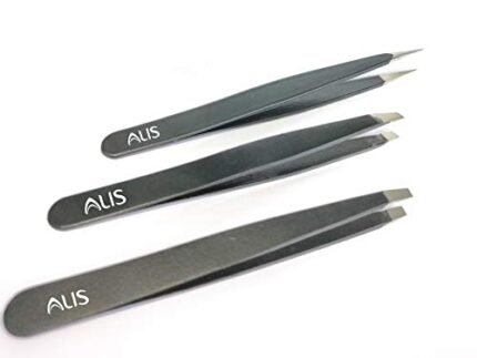 Alis Professional Stainless Steel Tweezers Set – 3 Pieces Combo Set | Great Precision for Facial Hair, Eyebrows Extensions, Ingrown Hair, Splinter, Blackhead, Nose Hair Remover (Black)