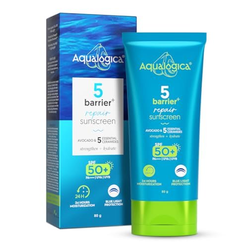 Aqualogica 5 Barrier+ Repair Sunscreen with Avocado & 5 Essential Ceramides | SPF 50 PA++++ | UVA/B & Blue Light Broad Spectrum Protection | Strengthens Skin Barrier | 24 Hr Moisturization | Fragrance Free | 80 g Aqualogica 5 Barrier+ Repair Sunscreen with Avocado & 5 Essential Ceramides | SPF 50 PA++++ | UVA/B & Blue Light Broad Spectrum Protection | Strengthens Skin Barrier | 24 Hr Moisturization | Fragrance Free | 80 g