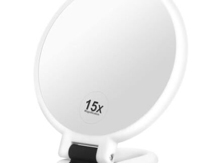 BANIRA Handheld Mirror, Double-Sided Magnification (1x & 15x), Foldable Handle, White Finish, 13.5 cm x 2, Tabletop Mount, Perfect for Makeup & Grooming