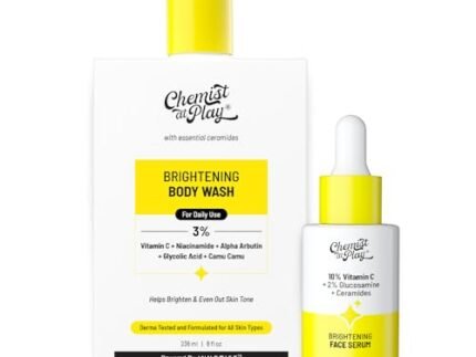 Chemist At Play Brightening Body Wash & 10% Vitamin C Face Serum Combo | Brightens & Gives Glowing Skin, Fades Dark Spots, Evens Skin Tone | SLS & Paraben-Free | For All Skin Types | 236ml & 10ml