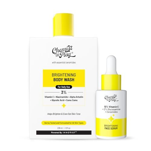 Chemist At Play Brightening Body Wash & 10% Vitamin C Face Serum Combo | Brightens & Gives Glowing Skin, Fades Dark Spots, Evens Skin Tone | SLS & Paraben-Free | For All Skin Types | 236ml & 10ml Chemist At Play Brightening Body Wash & 10% Vitamin C Face Serum Combo | Brightens & Gives Glowing Skin, Fades Dark Spots, Evens Skin Tone | SLS & Paraben-Free | For All Skin Types | 236ml & 10ml