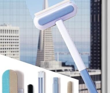 DODGE ‘N WOLVES Multifunctional Screen Brush 4 in 1 with Extended Handle for Window and Mesh Cleaning, Double Sided Mosquito Net Cleaner Grey