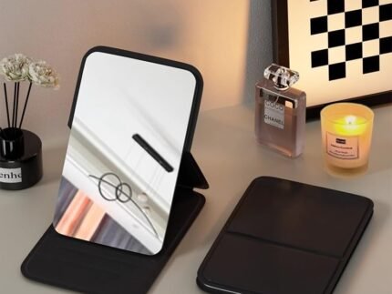 Foldable Travel Mirror, Portable Pocket Makeup Mirror with Stand, Compact Handheld Vanity Mirror for Purse, Desk & Travel Use (7x11cm) Black