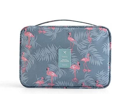 House of Quirk Hanging 18 Cms Nylon Travel Toiletry Kit Bag Cosmetic Makeup Bag Organizer For Women And Girls (Grey Flamingo)
