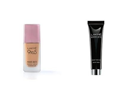 LAKMÉ 9 To 5 Primer + Matte Perfect Cover Full Liquid Foundation, W240 Warm Beige, 25ml & Absolute Blur Perfect Makeup Primer, Peach, 10g (Acne Prone)