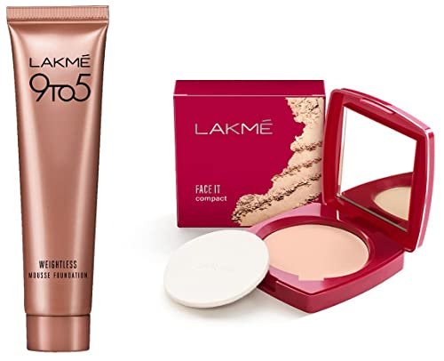 Lakmé 9 to 5 Weightless Mousse Foundation, Rose Ivory, 6g & Face It Compact, Pearl, 9g Lakmé 9 to 5 Weightless Mousse Foundation, Rose Ivory, 6g & Face It Compact, Pearl, 9g