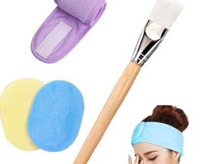 Lucifer Professional Face Pack Wooden Brush with Headband and Facial Cleansing Sponge Combo Facial Mask Applicator Brush Cosmetic Foundation Puff Face Cleaning Makeup Remover Tools