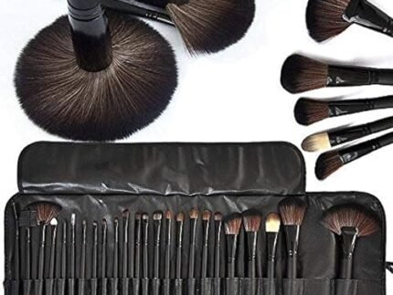 MACPLUS Fiber Bristle Makeup Brush Set with Black Leather Case- BLACK, 24 Pieces
