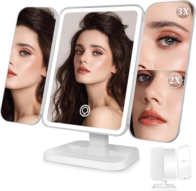 Makeup Vanity Mirror with LED Light | Trifold Touch Screen Mirror with 3X/2X Magnification | 180° Rotation | USB Rechargeable with Storage Base (Premium) Makeup Vanity Mirror with LED Light | Trifold Touch Screen Mirror with 3X/2X Magnification | 180° Rotation | USB Rechargeable with Storage Base (Premium)