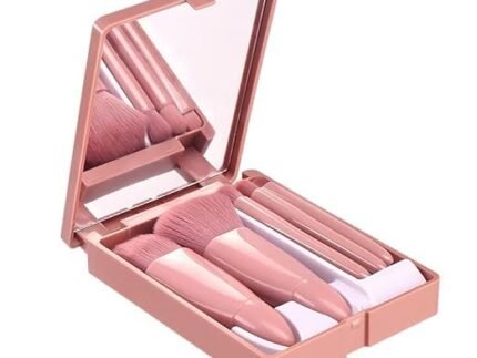 Mini Makeup Brushes Kit | 5-in-1 Travel Cosmetic Brush Set with Compact Mirror | Portable Multifunctional Brush Set for Foundation, Blush, Eyeshadow – Pink Color (5 in 1 Makeup Brush With Mirror)