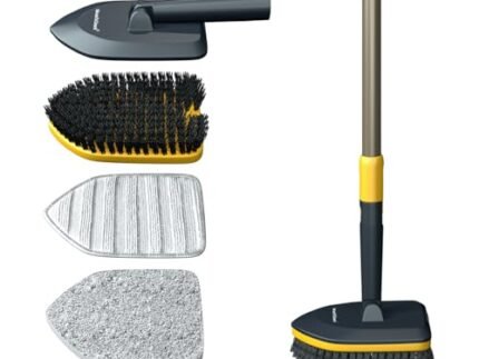 MinuteToCleanIt Bathroom Cleaning Brush with Long Handle, Hard Bristles, Microfiber Pad & Scrubber Combo for Tiles, Floor, Toilet, Window & Glass – 58.2 Inch Extendable Pole, Detachable Head, Yellow