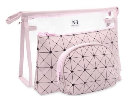 NFI Essentials Set of 3 Cosmetic Bags for Women Large Clear Makeup Pouch & Pink Geometric PU Leather Travel Toiletry Organizer Kit Water-Resistant Vanity Case for Brushes, Jewelry (Pink)