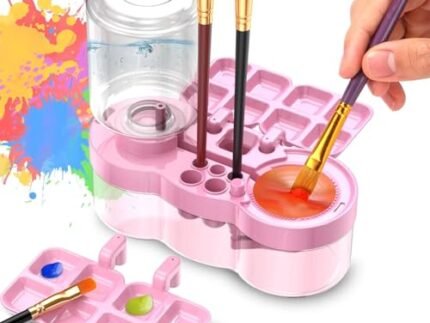 Paint Brush Cleaner with Paint Tray, 6-in-1 Water Circulation Rinser Paintbrush Cleaner with Drain & Brush Holder, Watercolor Dispenser & Paint Palette, Paint Brush Washer (Pink)