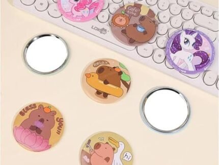 Portable Makeup Mirror, 7cm One Sided Mirror, 3X Magnification, PU Leather Case Set of 4Pc Random Colour and Design (Bear Duck Round Mirror)