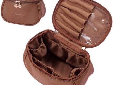 Portable Travel Makeup Bag – Large Capacity Leather Cosmetic Organizer with Handle & Divider, Stylish Toiletry Brush Case for Women & Girls (Brown)