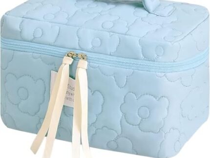 Quilted Cotton Makeup Bag for Women – Large Capacity Travel Cosmetic Organizer with Zipper – Cute Floral Toiletry Pouch – Handheld Portable Multifunctional Storage Purse | Blue
