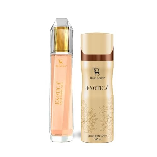 Ramsons – EXOTICA Gift Pack for Women | 1 Eau De Parfum-100ml & 1 Deodorant-200ml | TN – Plum, Peach, Orange Blossom, Leafy Green | MN – Jasmine, Rose, Lily of the valley | BN – Vanilla, Musk, Woody Ramsons – EXOTICA Gift Pack for Women | 1 Eau De Parfum-100ml & 1 Deodorant-200ml | TN – Plum, Peach, Orange Blossom, Leafy Green | MN – Jasmine, Rose, Lily of the valley | BN – Vanilla, Musk, Woody