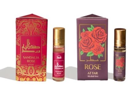 Sandalia Rose & Rose Attar Oil by Dukhni | 14+ hr Long Lasting Chandan and Gulab Perfume Oils for Men and Women | 2 x 6ml Ittar Roll On Perfume, Sandalwood scent oil, itra khushboo for puja