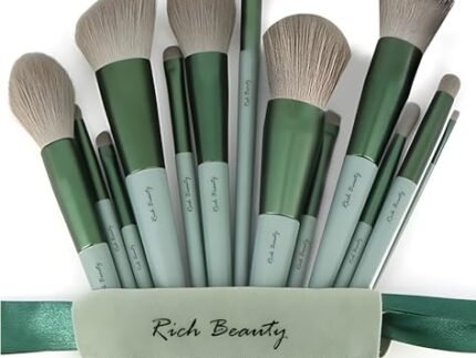 13-Piece Makeup Brush Set – Synthetic Bristles, Soft and Durable with Travel Pouch, Ideal for Blending, and Highlighting, green