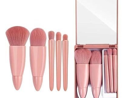 5 in 1 Professional Small Mini Mirror Makeup Brush Kit for Face Eye Shadows Eyeshadow Powder Blush Cosmetic Case Set Cleanser for Women Foundation Travel Brushes for Girl Female (MINI MAKEUP KIT)