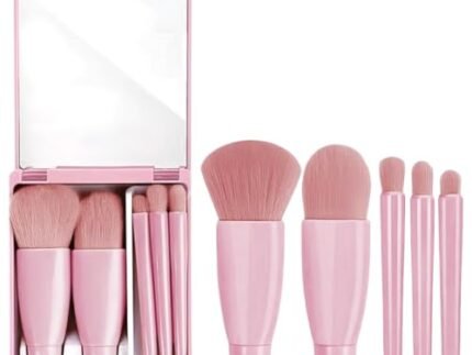 Travel Makeup Brush Set - Mini Portable Cosmetic Brushes Kit for Face Eye Foundation, For Eyeshadow And Easy Blending - Compact Beauty Tools (Pink, 5 Piece Set)