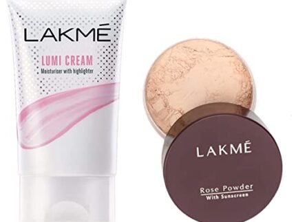 Lakme Lumi Cream,Moisturizer with highlighter, Enriched with Niacinamide for all skin type,30 gm & Lakme Rose Face Powder, Soft Pink, 40g