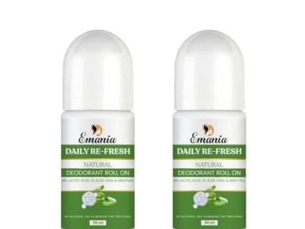 Emania Daily Re-Fresh Natural Deodorant Roll On | With Lactic Acid, Aloe Vera & Menthol | Long-Lasting Underarm Freshness | No Alcohol, No Aluminium, No Triclosan | 50 ml (Pack of 2)