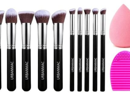 URBANMAC Premium Synthetic Kabuki Foundation Face Powder Blush Eyeshadow Brush Makeup Brush Kit with Blender Sponge and Brush Cleaner (10 pcs, Black/Silver)