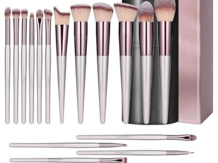 Makeup Brush Set – 18 Pcs Premium Synthetic Brushes for Foundation, Powder, Concealer, Eyeshadow & Blush – Includes Black Leather Carrying Case, champagne gold