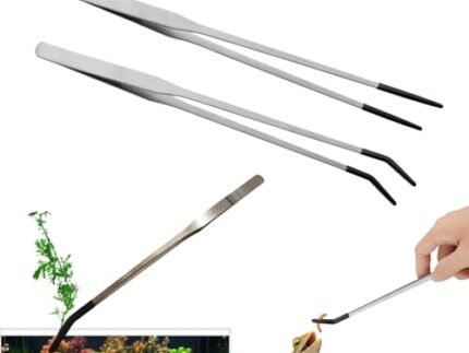 2PCS Long Aquarium Tweezers with Rubber Tip,10.6″ Straight and Curved Tweezers Terrarium Aquascape Tools, Stainless Steel Reptile Feeding Tongs