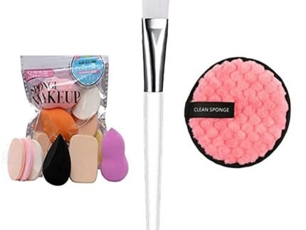 Facial Cleansing Pad Eye Makeup Remover Sponge & Soft Blender Makeup Holder Sponge Puff Set For All Type Of Skin With Facial Mask Applicator Hairless Brush (Pack Of 8)