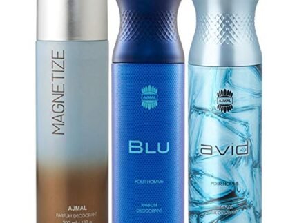Ajmal 1 Magnetize for Men & Women, 1 Blu Homme for Men and 1 Avid for Men Deodorants each 200ML Combo pack of 3 (Total 600ML) + 3 Parfum Testers