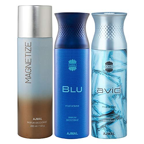 Ajmal 1 Magnetize for Men & Women, 1 Blu Homme for Men and 1 Avid for Men Deodorants each 200ML Combo pack of 3 (Total 600ML) + 3 Parfum Testers Ajmal 1 Magnetize for Men & Women, 1 Blu Homme for Men and 1 Avid for Men Deodorants each 200ML Combo pack of 3 (Total 600ML) + 3 Parfum Testers