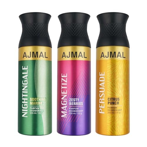 AJMAL Nightingale & Magnetize & Persuade Deodorant Combo Pack of 3 Deodorants 200ml each (Total 600ML) for Men & Women AJMAL Nightingale & Magnetize & Persuade Deodorant Combo Pack of 3 Deodorants 200ml each (Total 600ML) for Men & Women