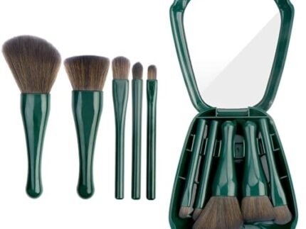 5-in-1 Mini Travel Makeup Brush Set – Portable Cosmetic Brushes Kit with Mirror, Foundation, Eyeshadow, Blush & Powder Brushes for Women & Girls – Compact Shell Design for Beauty on the (Green)