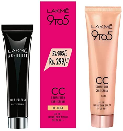 Lakme Absolute Blur Perfect Matte Face Primer, Peach, 10g & Lakme 9 To 5 Complexion Care Face CC Cream, Beige, SPF 30, Conceals Dark Spots & Blemishes, 30 g Lakme Absolute Blur Perfect Matte Face Primer, Peach, 10g & Lakme 9 To 5 Complexion Care Face CC Cream, Beige, SPF 30, Conceals Dark Spots & Blemishes, 30 g