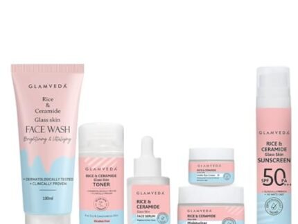 Glamveda Korean Rice Ceramide 6 Step Skincare Kit for Glowing Skin | Face Wash, Face Serum, Moisturizer Cream, Toner, Sunscreen SPF 50 PA+++, Under Eye Cream | Skincare Gift Set for Woman